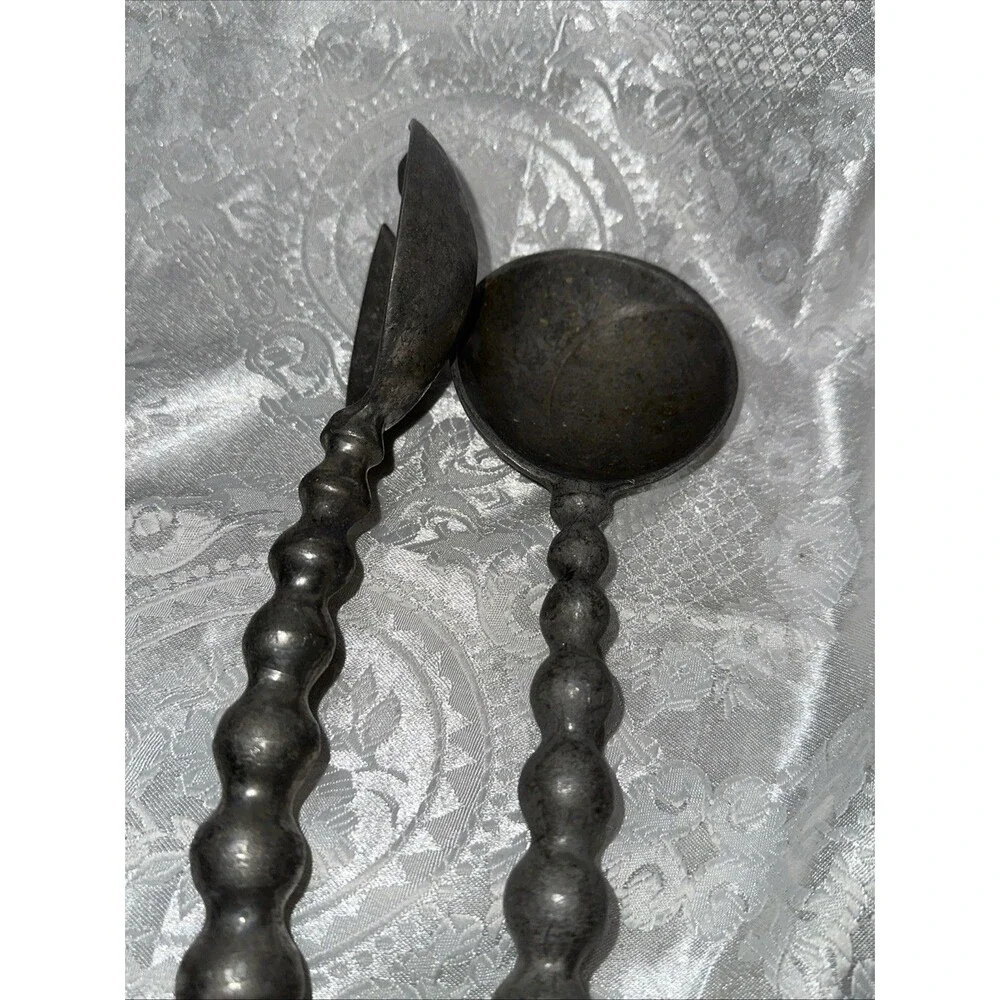 Pewter Metal Silver Tone Salad Servers Silverware Bubble Bead Curved Handles